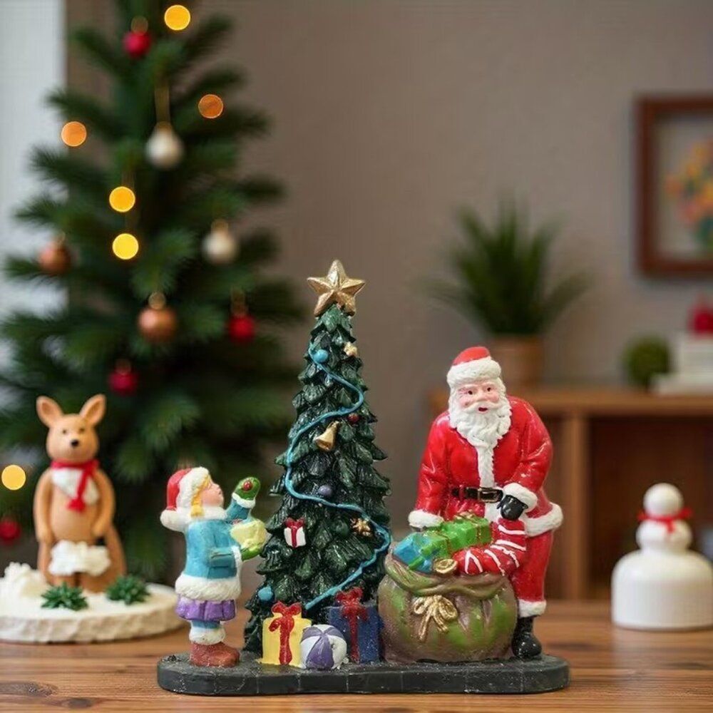 Santa w Christmas Tree & Packages Resin Holiday Tabletop Decor, 2.8" x 2.8"